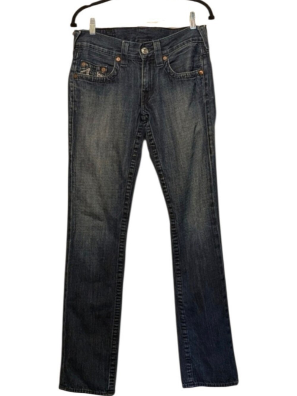 True Religion Women's Dark Blue Boot Cut Jeans with Signature Pocket Stitching
